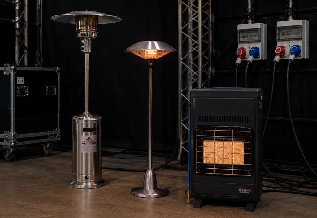 Heaters and warming lamps set up backstage
