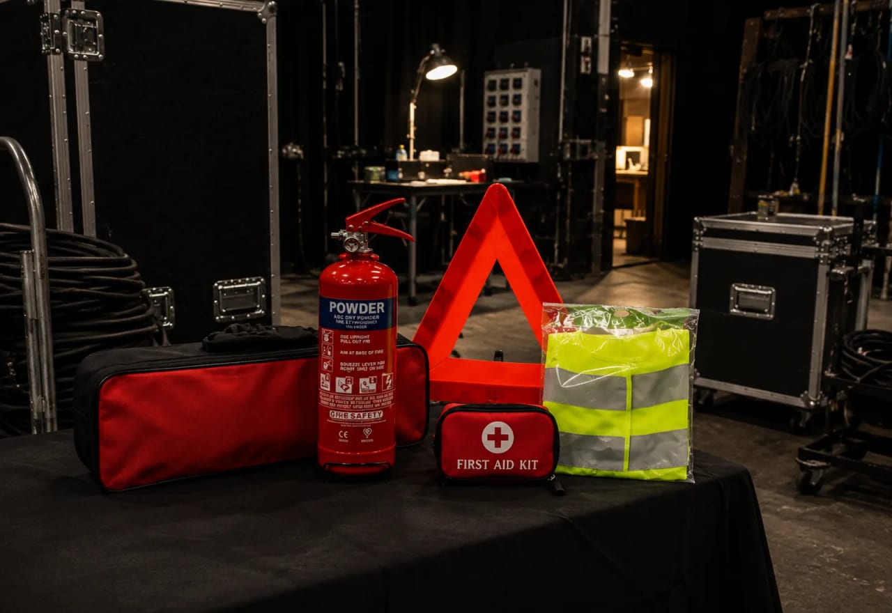 Estintore, kit pronto soccorso e dotazioni di sicurezza su set