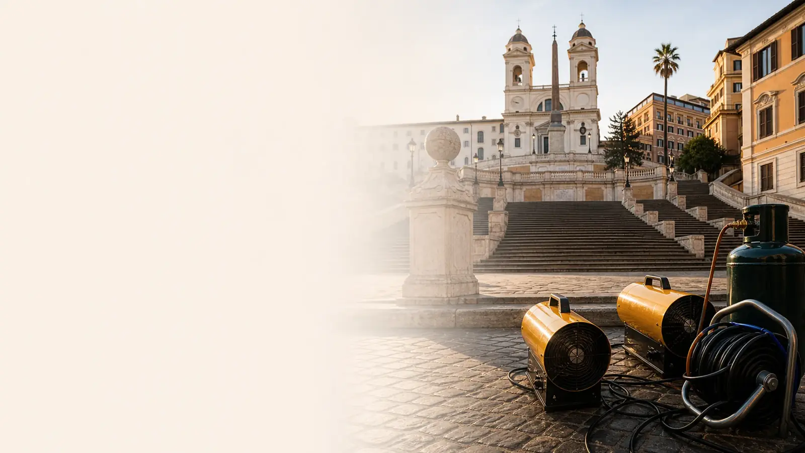 Outdoor Rome set with production support equipment, cables and historic steps in the background