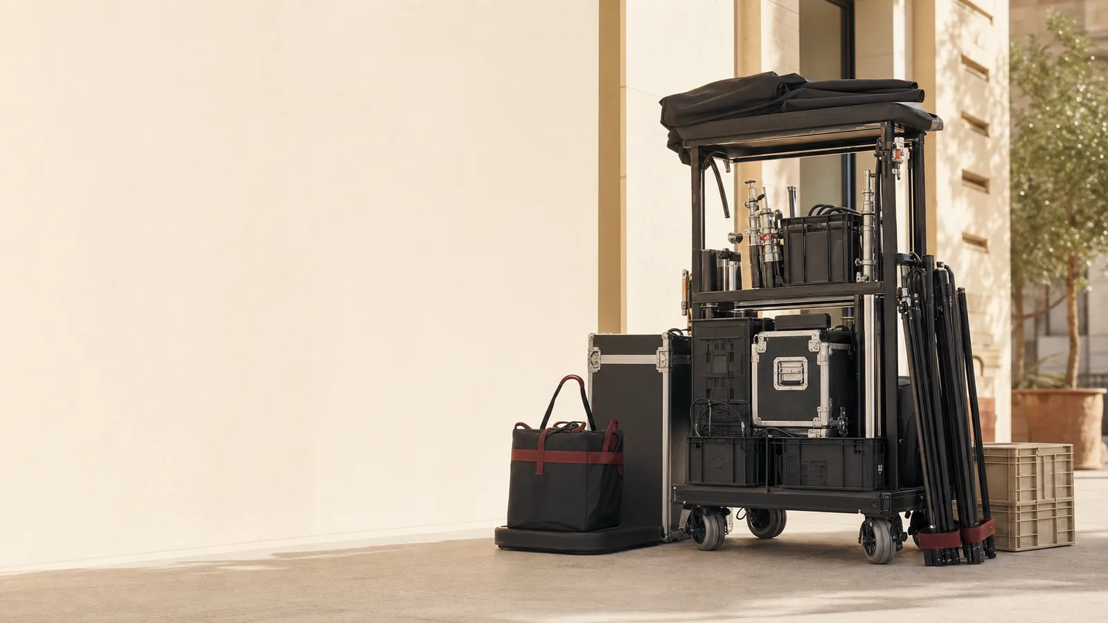 Production trolley with flight cases, a folded gazebo, light stands and a gear bag in front of a light wall